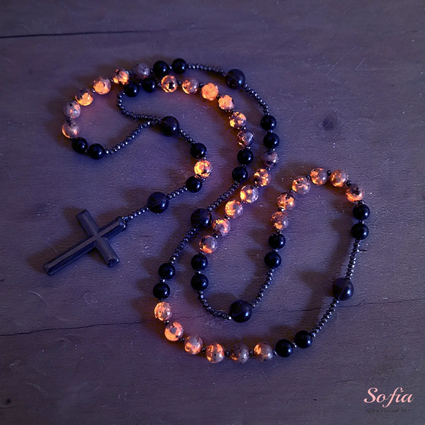 Natural Obsidian Yooperlite RosaryNecklace, UV Reactive EnergyProtection Healing Crystal