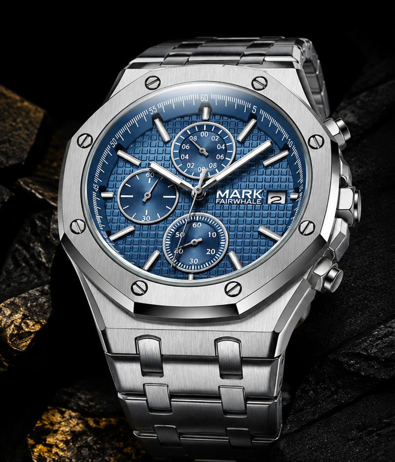 MARK FAIRWHALE FW-5860-S2 Luxury Blue Dial Stainless Steel Chronograph Watch detail view