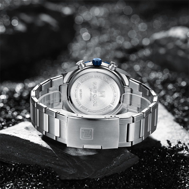 NAVIFORCE, 8081, Men's Watch, Chronograph, Stainless Steel, Blue Dial, Date Display, 3ATM.