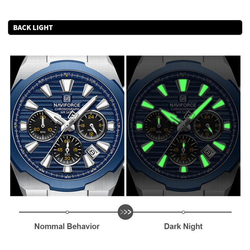 NAVIFORCE, 8081, Men's Watch, Chronograph, Stainless Steel, Blue Dial, Date Display, 3ATM.