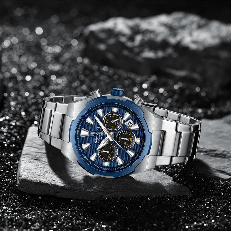 NAVIFORCE, 8081, Men's Watch, Chronograph, Stainless Steel, Blue Dial, Date Display, 3ATM. detail view